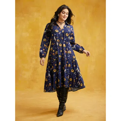 Bloomchic Women's Plus Size Trick & Chic Printed Waist Cinching Midi Dress Indigo Party Midi Button 10/m In Purple