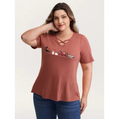 Bloomchic Women's Plus Size Trick Or  Crossover Neck-tie T-shirt Orangered Animal Motif Casual Short