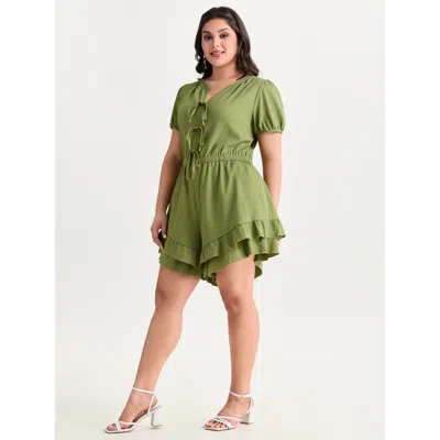 Bloomchic Women's Plus Size Triple Front Tie Ruffled Hem Romper Moss Elegant Fitted 12/l In Green
