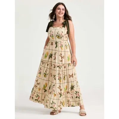 Bloomchic Women's Plus Size Tropical Collage Print Shoulder Tie Maxi Dress Apricot Figurative Print Maxi Vacat In Orange
