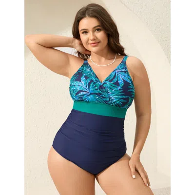 Bloomchic Women's Plus Size Tropical Color Block One-piece Swimsuit Emerald Tropical Gathered Adaptive-fit 30/ In Green