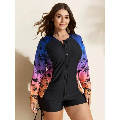 Bloomchic Women's Plus Size Tropical Color Contrast Print Zipper Front Swim Top Black Tropical Long Sleeve Pat