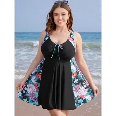 Bloomchic Women's Plus Size Tropical Contrast Drawstring Ruched Ruffles Swim Dress Black Tropical Adjustable S