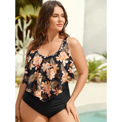 Bloomchic Women's Plus Size Tropical Floral Flared One-piece Swimsuit Black Tropical Gathered Adaptive-fit 28/