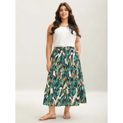 Bloomchic Women's Plus Size Tropical Floral Pattern Tiered Midi Skirt Emerald Flared Everyday 30/6x In Green