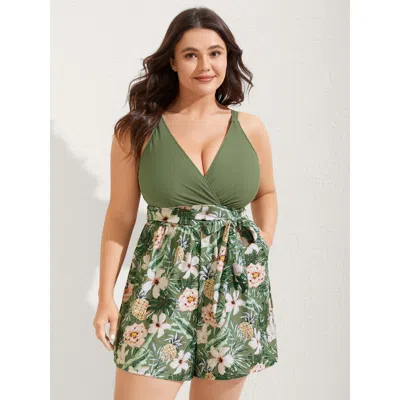 Bloomchic Women's Plus Size Tropical Floral Pockets One-piece Swimsuit Armygreen Tropical Lace-up Adaptive-fit