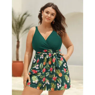 Bloomchic Women's Plus Size Tropical Floral Pockets One-piece Swimsuit Darkgreen Tropical Lace-up Adaptive-fit In Green