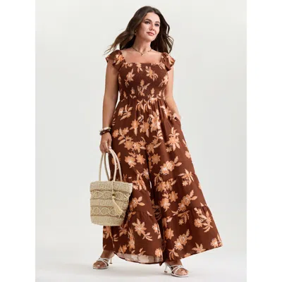 Bloomchic Women's Plus Size Tropical Floral Print Cinched-waist Jumpsuit Yellowishbrown Vacation 30/6x