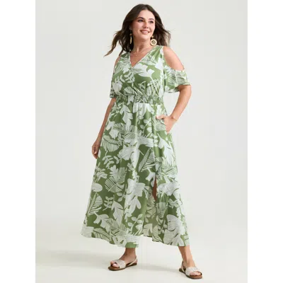 Bloomchic Women's Plus Size Tropical Floral Print Cut-out Shoulder Maxi Dress Moss Tropical Maxi Vacation Over In Green