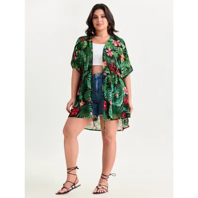 Bloomchic Women's Plus Size Tropical Floral Print Front-tie Kimono Blackflower 10/m