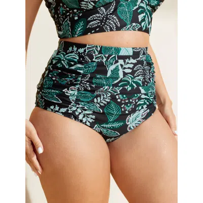 Bloomchic Women's Plus Size Tropical Floral Print High Waisted Tummy-control Bikini Bottoms Black Tropical Cro