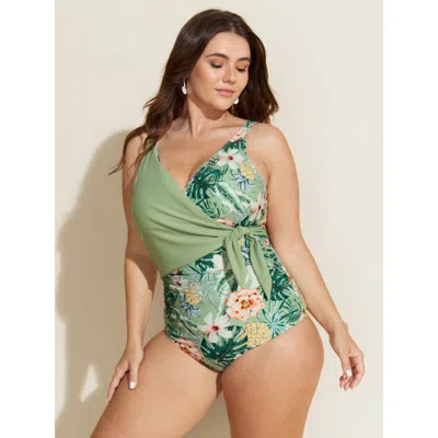 Bloomchic Women's Plus Size Tropical Floral Print Knotted One-piece Swimsuit Greenbean Tropical Tie Knot Adapt
