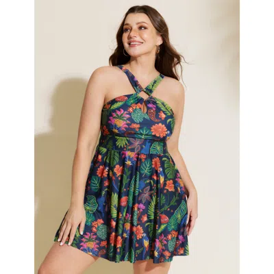 Bloomchic Women's Plus Size Tropical Floral Print Pockets Swim Dress Indigo Tropical Cut-out Anti-float Tie 10 In Purple