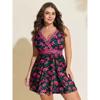 Bloomchic Women's Plus Size Tropical Floral Print Pockets Swim Dress Rosered Leopard Adjustable Straps 10/m