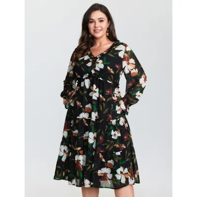 Bloomchic Women's Plus Size Tropical Floral Print Ruffled Neckline Midi Dress Black Floral Midi Elegant Ruffle