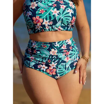 Bloomchic Women's Plus Size Tropical Floral Print Shrink Pleat Swim Bottoms Cyan Tropical Booty Ruched Elastic In Blue