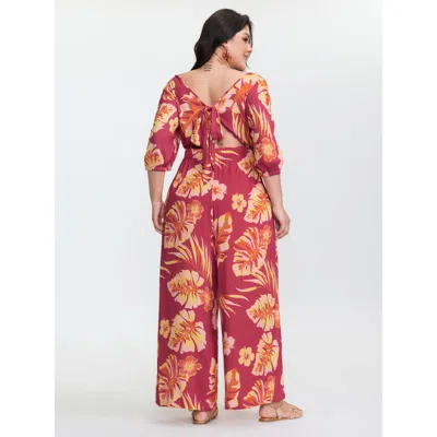 Bloomchic Women's Plus Size Tropical Floral Print Square Neckline Jumpsuit Orangered Vacation 18-20/2x