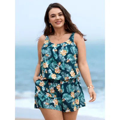 Bloomchic Women's Plus Size Tropical Flower Print Pockets One-piece Swimsuit Indigo Floral Ruched Adaptive-fit In Purple