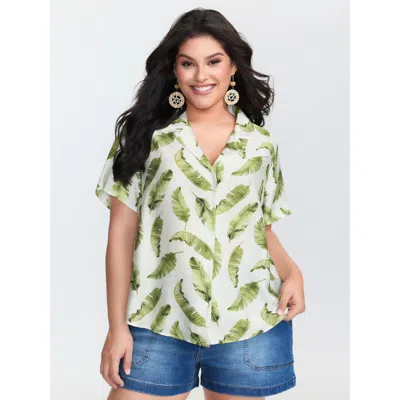 Bloomchic Women's Plus Size Tropical Leaf Print Button-down Blouse Multicolor Tropical Vacation Short Sleeve 1