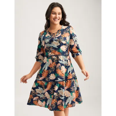 Bloomchic Women's Plus Size Tropical Leaf Print Lace Stretchy Midi Dress Indigo Tropical Knee Vacation 30/6x In Purple