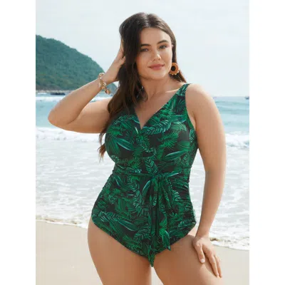 Bloomchic Women's Plus Size Tropical Leaf Print One-piece Swimsuit Darkgreen Tropical Tie Knot Adaptive-fit 30 In Green