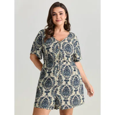Bloomchic Women's Plus Size Tropical Leaf Print Pockets Button Romper Indigo Not Graphics Vacation No Stretch  In Purple
