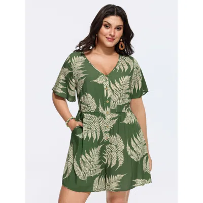 Bloomchic Women's Plus Size Tropical Leaf Print Pockets Button Romper Moss Not Graphics Vacation No Stretch 12 In Green