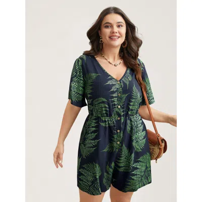 Bloomchic Women's Plus Size Tropical Leaf Print Pockets Button Romper Navy Not Graphics Vacation No Stretch 12 In Blue