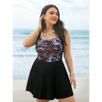 Bloomchic Women's Plus Size Tropical Leaf Print Twist Front Swim Dress Black Tropical Twist Adaptive-fit 10/m