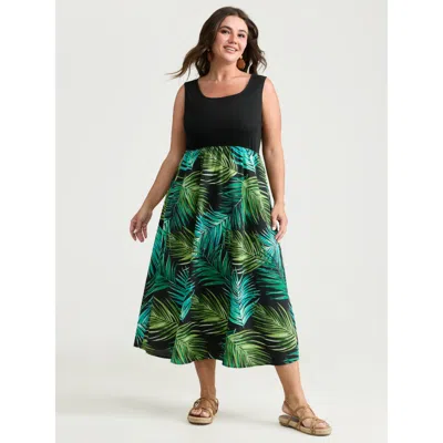 Bloomchic Women's Plus Size Tropical Palm Print A-line Midi Dress Pureblack Tropical Vacation Colorblock 22-24