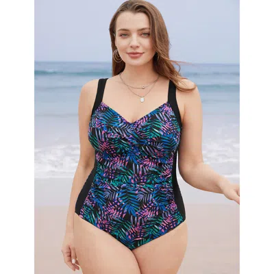 Bloomchic Women's Plus Size Tropical Patchwork Crossover Sculpt Waist One Piece Swimsuit Blackflower Tropical 
