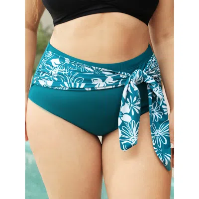 Bloomchic Women's Plus Size Tropical Patchwork Knotted Front Bikini Bottom Teal Cross Straps 22-24/3x In Blue