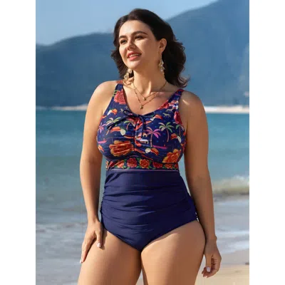 Bloomchic Women's Plus Size Tropical Pattern Channel Drawstring One-piece Swimsuit Indigo Tropical Drawstring  In Purple