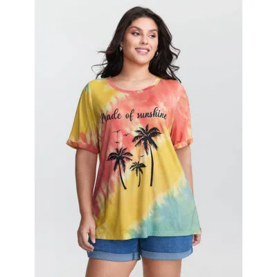 Bloomchic Women's Plus Size Tropical Pattern Color Gradient T-shirt Multicolor Gradient Dyeing Casual Short Sl