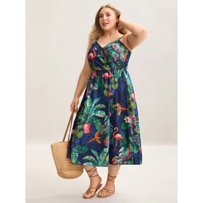 Bloomchic Women's Plus Size Tropical Pattern Surplice Pockets Midi Dress Darkblue Palm Midi Vacation Wrap / Ov In Blue