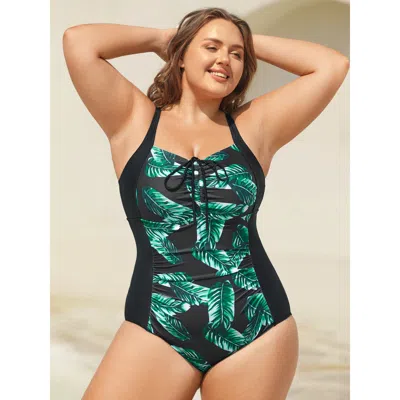 Bloomchic Women's Plus Size Tropical Pattern Tied One-piece Swimsuit Black Tropical Gathered Adaptive-fit 30/6