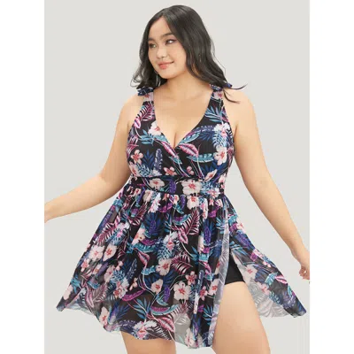 Bloomchic Women's Plus Size Tropical Print Bow Sculpt Waist Split Swim Dress Purple Tropical Adjustable Straps