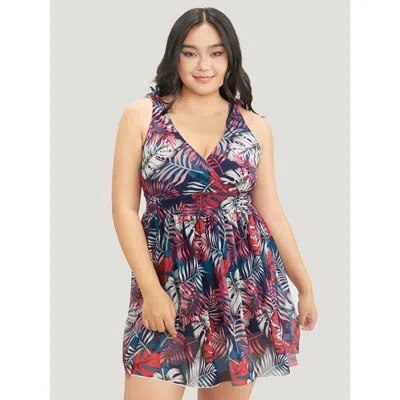 Bloomchic Women's Plus Size Tropical Print Bow Sculpt Waist Split Swim Dress Red Tropical Adjustable Straps Ad