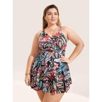 Bloomchic Women's Plus Size Tropical Print Buckle Detail Swim Dress Blackflower Tropical Adaptive-fit 10/m