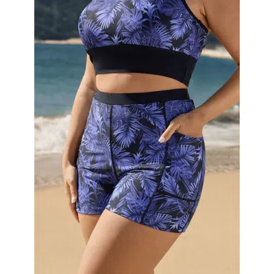 Bloomchic Women's Plus Size Tropical Print Color Contrast Swim Shorts Black Tropical Short Colorblock Fully El