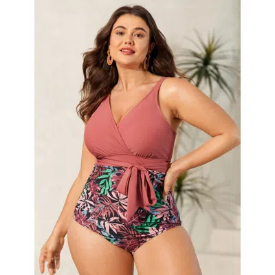 Bloomchic Women's Plus Size Tropical Print Contrast One-piece Swimsuit Watermelon Tropical Tie Knot Adaptive-f In Green