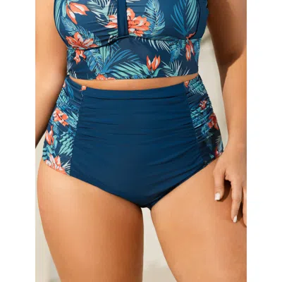 Bloomchic Women's Plus Size Tropical Print Contrast Ruched Bikini Bottoms Indigo Tropical Booty Ruched Elastic In Purple