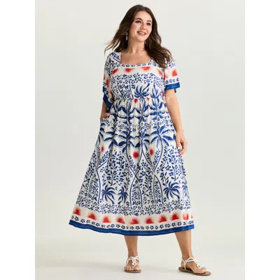 Bloomchic Women's Plus Size Tropical Print Flared Half-sleeve Midi Dress Multicolor Tropical Midi Vacation Gat