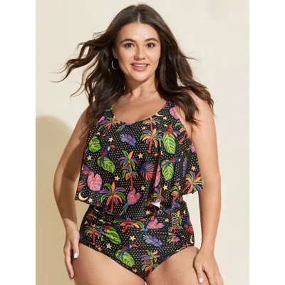 Bloomchic Women's Plus Size Tropical Print Flared Swim Top Black Tropical Sleeveless Non Adjustable Straps 18-