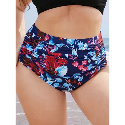 Bloomchic Women's Plus Size Tropical Print Gathered High Waist Swim Bottom Indigo Gathered 30/6x In Purple