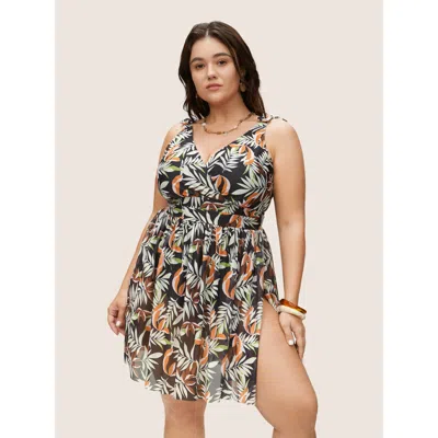 Bloomchic Women's Plus Size Tropical Print Gathered Split Hem Swim Dress Black Tropical Non Adaptive-fit 10/m