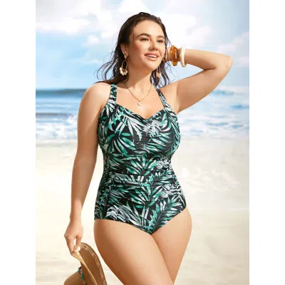 Bloomchic Women's Plus Size Tropical Print Heart Neckline Ruched One Piece Swimsuit Emerald Tropical Gathered  In Green