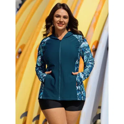 Bloomchic Women's Plus Size Tropical Print Hooded Pockets Swim Top Aegean Tropical Long Sleeve Patchwork Adapt In Blue