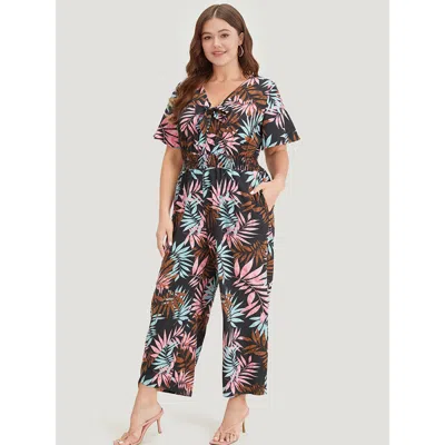 Bloomchic Women's Plus Size Tropical Print Knot Neck Shirred Wrap Jumpsuit Black Dailywear 28/5x