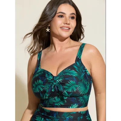 Bloomchic Women's Plus Size Tropical Print Knotted Front Swim Top Black Tropical Sleeveless Lace-up Adjustable
